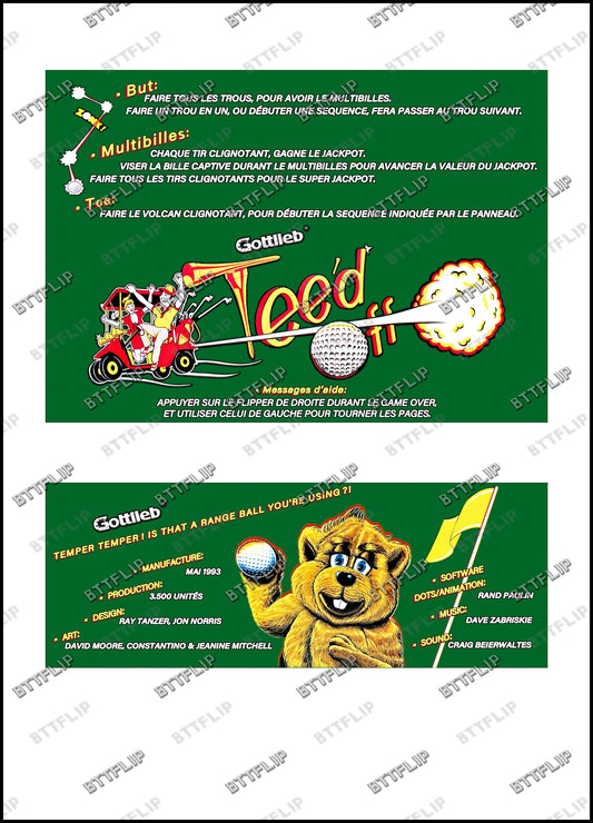 Gottlieb TEE'D OFF 1993 Jeu Cartes Instructions Flipper Custom Apron règles imprimées