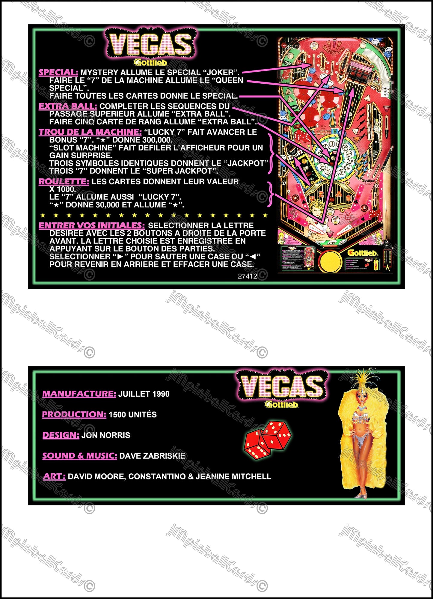 Gottlieb VEGAS 1990 Jeu Cartes Instructions Flipper Custom Apron règles imprimées V1