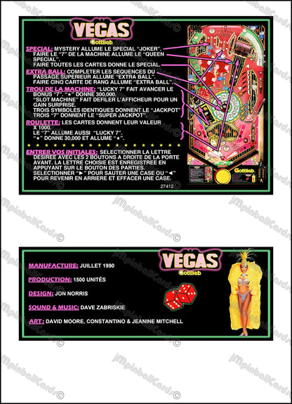 Instrucciones de las tarjetas de juego Gottlieb VEGAS 1990, delantal personalizado de pinball, reglas impresas V1
