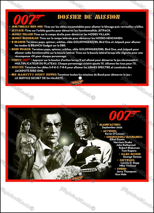 Stern 007 James Bond Dr No 2022 Jeu Cartes Instructions Flipper Custom Apron règles imprimées V1