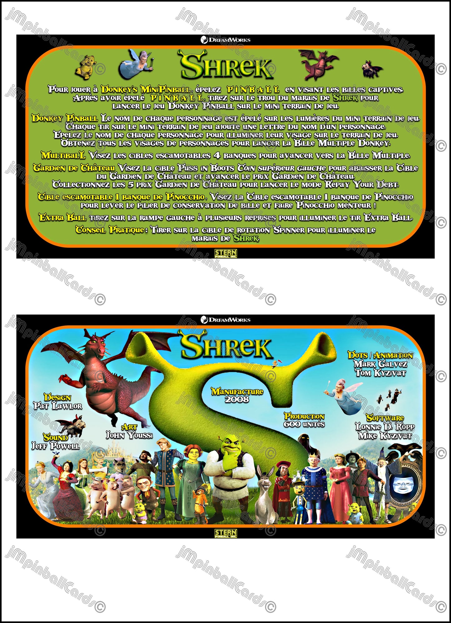 Instrucciones de las tarjetas del juego Stern Shrek 2008 Pinball V1 Delantal de pinball impreso personalizado Reglas de las tarjetas