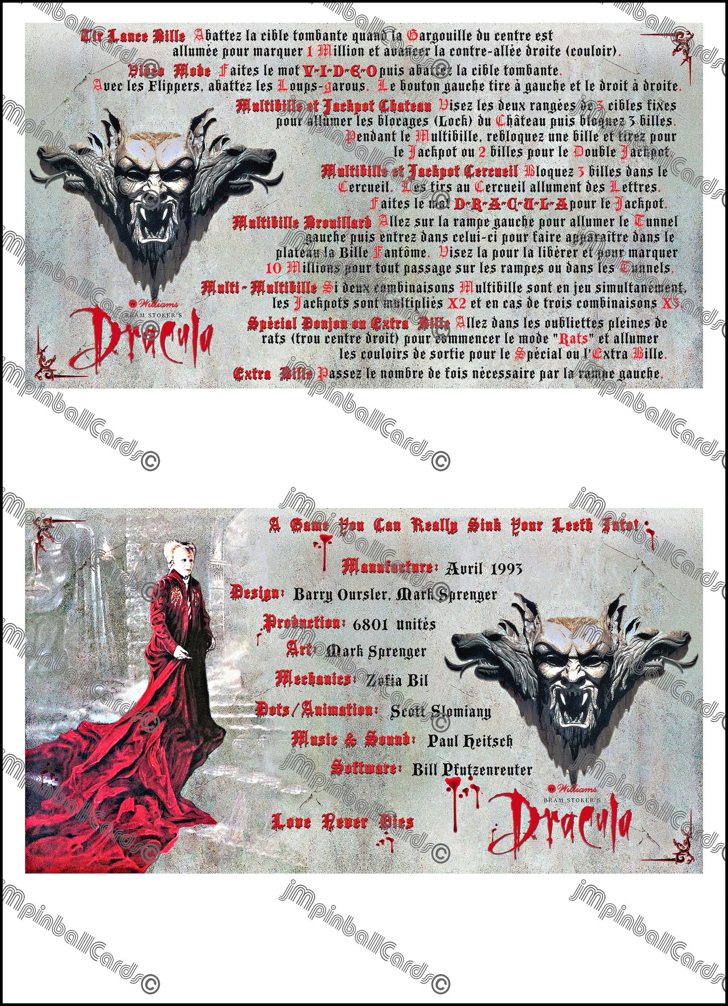 Williams Bram Stokers Dracula 1993 Jeu Cartes Instructions Flipper Custom Apron règles imprimées V1