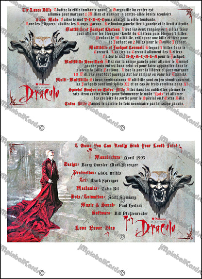 Williams Bram Stokers Dracula 1993 Game Cards Instructions Flipper Custom Apron Printed Rules V1