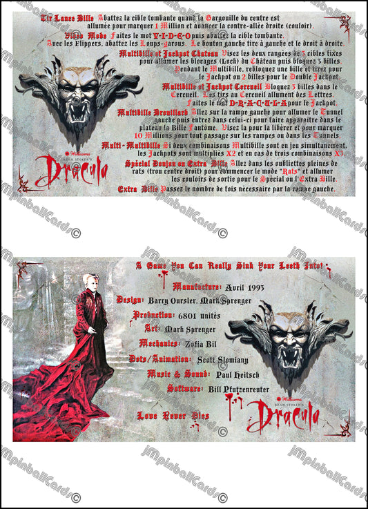 Williams Bram Stokers Dracula 1993 Game Cards Instructions Flipper Custom Apron Printed Rules V1