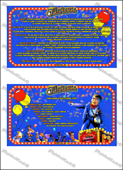 Instrucciones de las tarjetas del juego Williams Funhouse 1990, delantal personalizado de pinball, reglas impresas V1