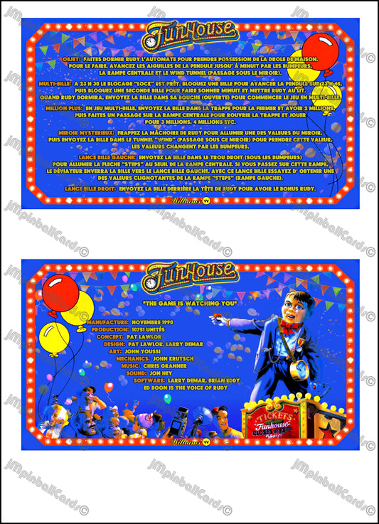 Williams Funhouse 1990 Jeu Cartes Instructions Flipper Custom Apron règles imprimées V1