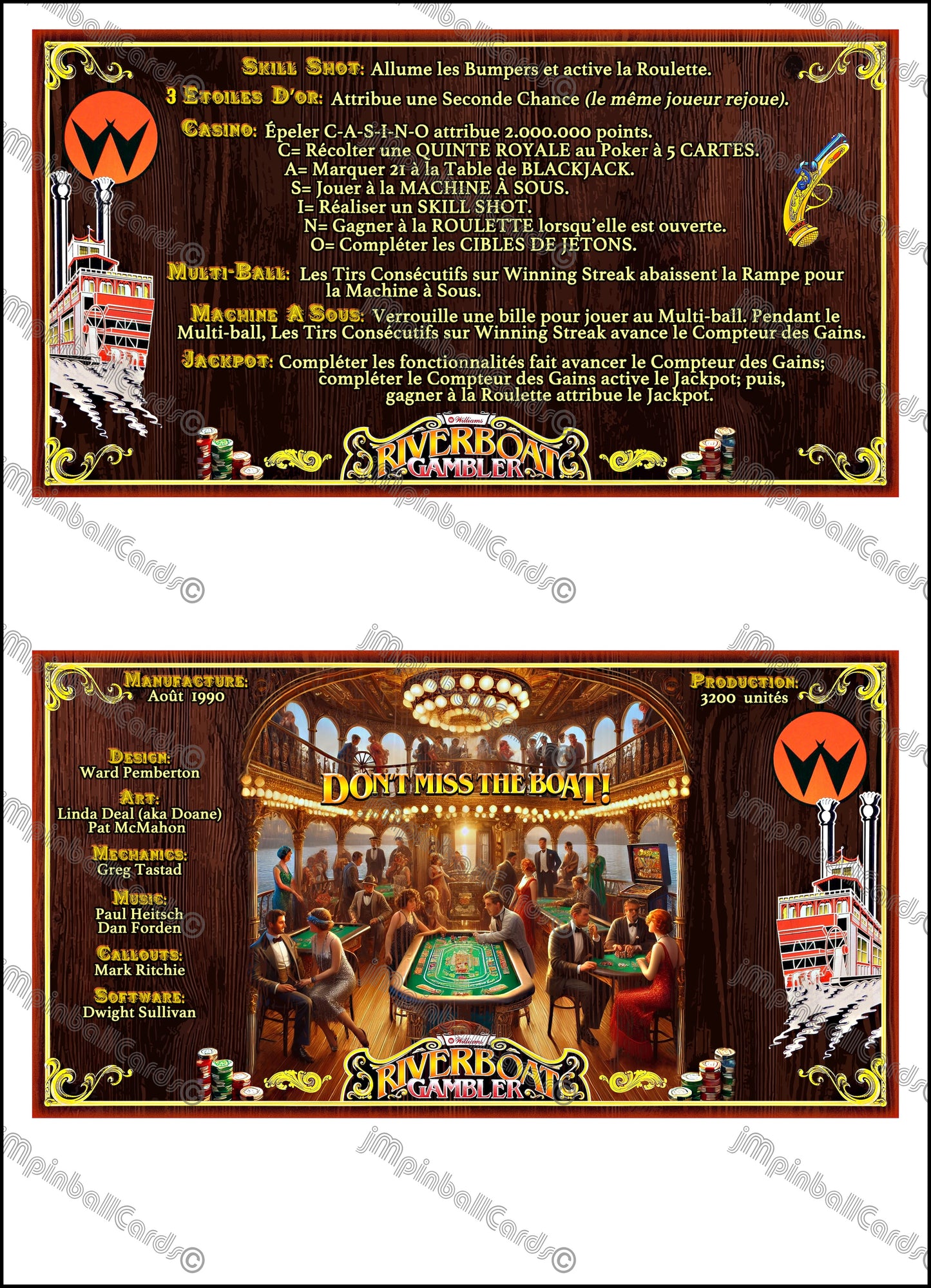 Instrucciones de las tarjetas del juego Williams Riverboat Gambler de 1990, máquina de pinball, delantal personalizado, reglas impresas V1