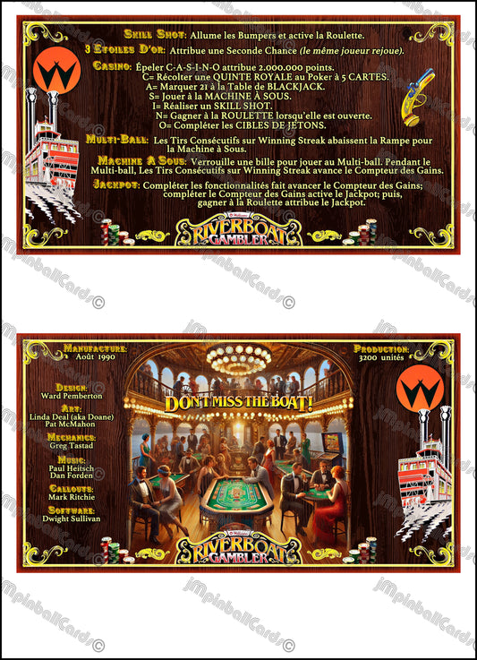 Instrucciones de las tarjetas del juego Williams Riverboat Gambler de 1990, máquina de pinball, delantal personalizado, reglas impresas V1