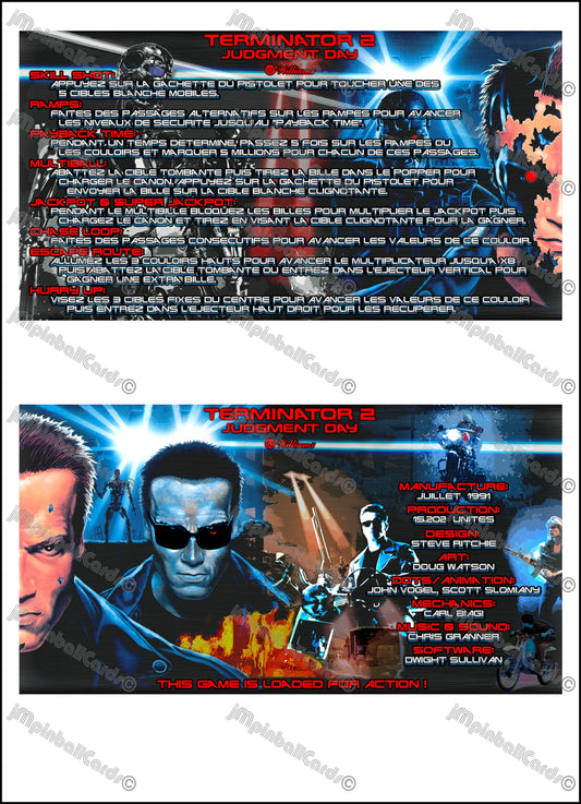 Williams T2 Terminator 2 1991 Jeu Cartes Instructions Flipper Custom Apron règles imprimées V1