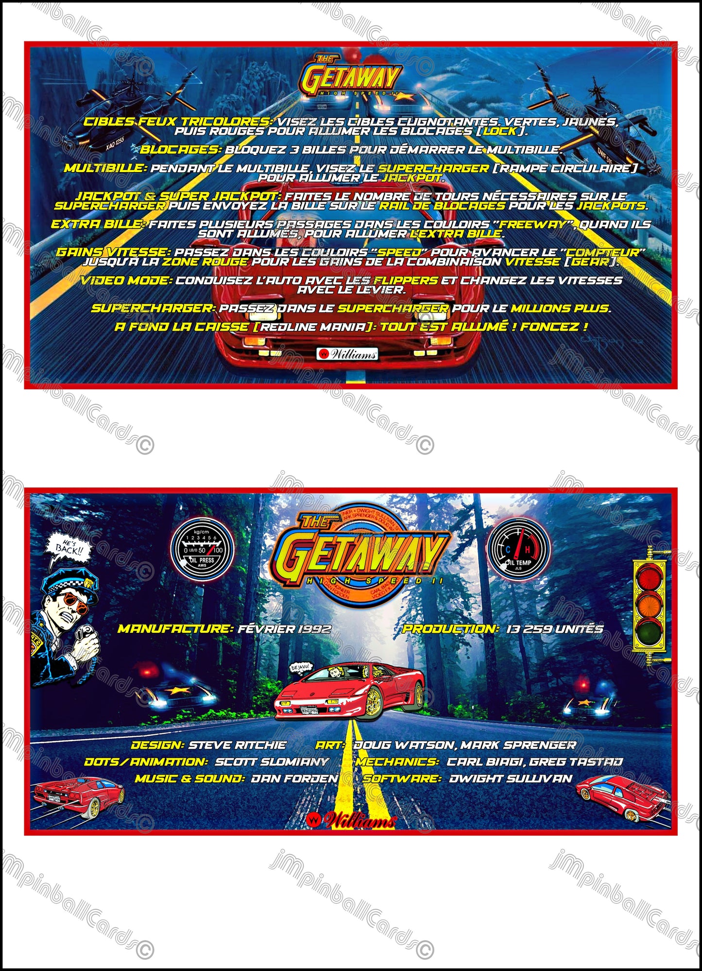 Williams The Getaway 1992 Jeu Cartes Instructions Flipper Custom Apron règles imprimées V1