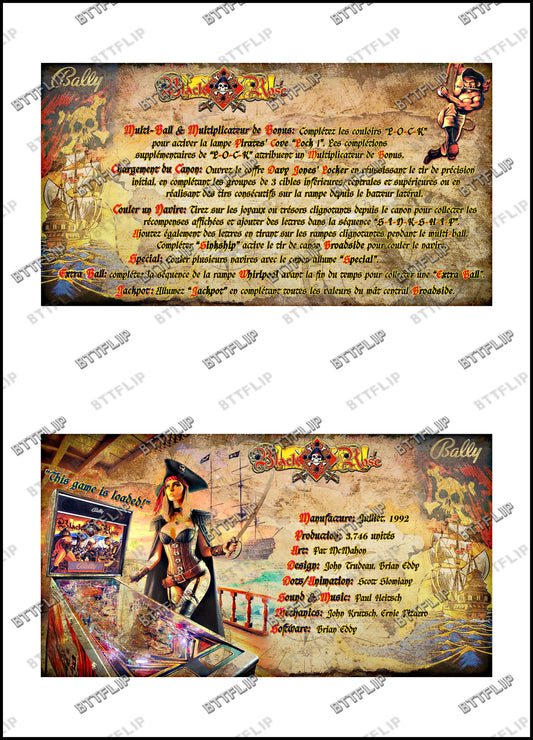 Instrucciones de las tarjetas del juego Bally BLACK ROSE 1992 Delantal personalizado de pinball con reglas impresas