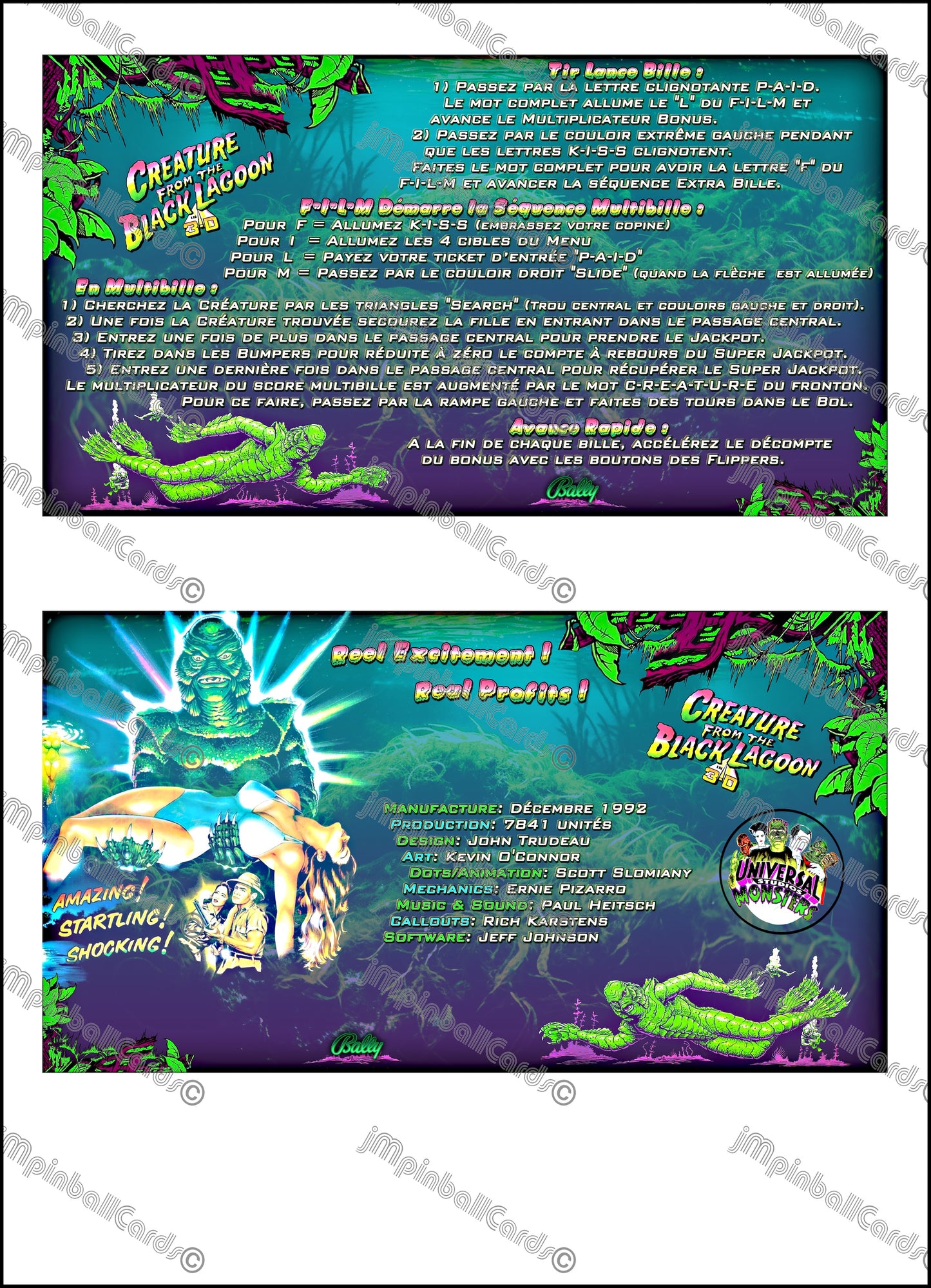 Bally Creature From The Black Lagoon 1992 Jeu Cartes Instructions Flipper Custom Apron règles imprimées V2