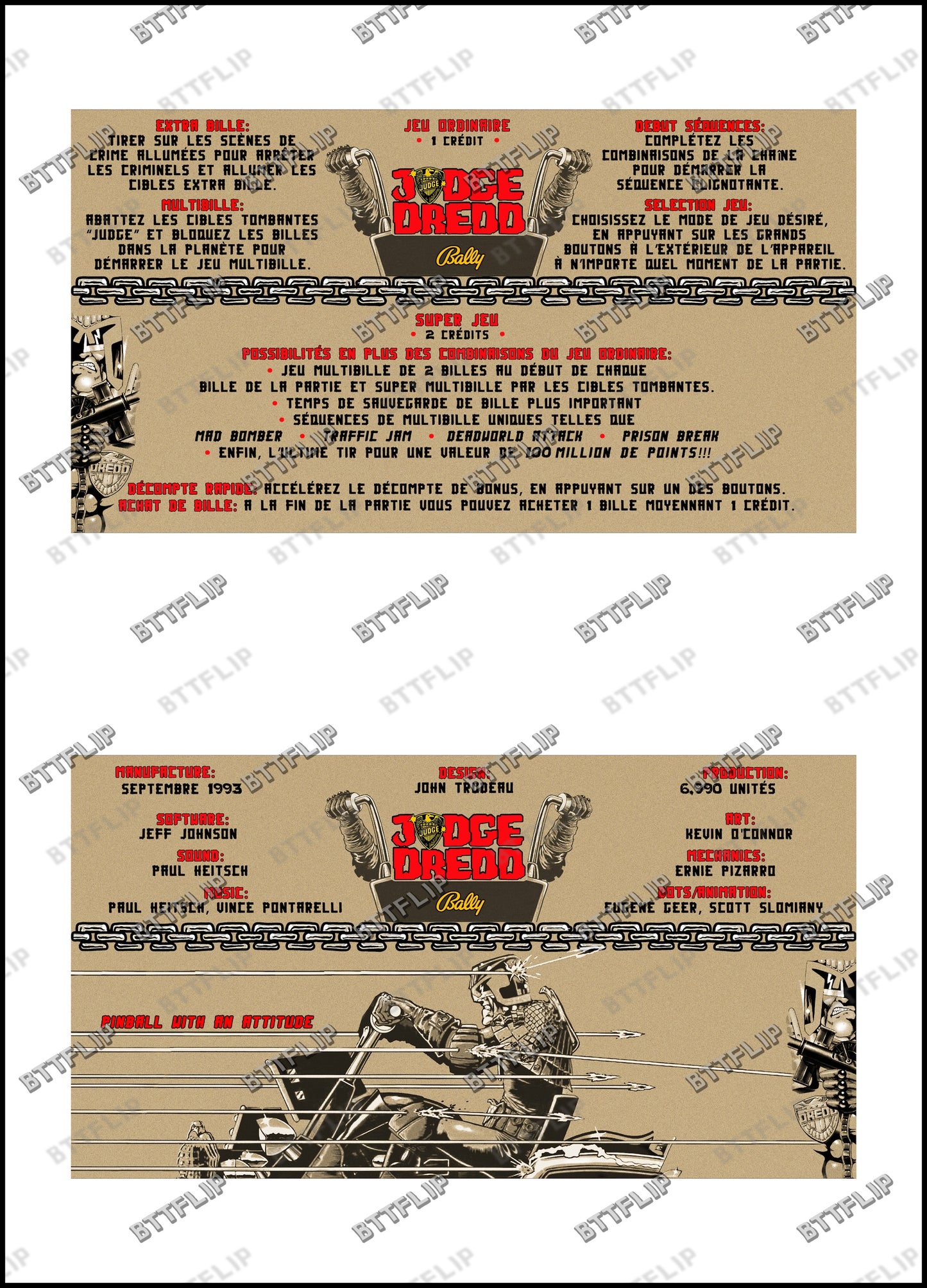 Instrucciones de las tarjetas de juego Bally JUDGE DREDD 1993, delantal personalizado de pinball, reglas impresas V2