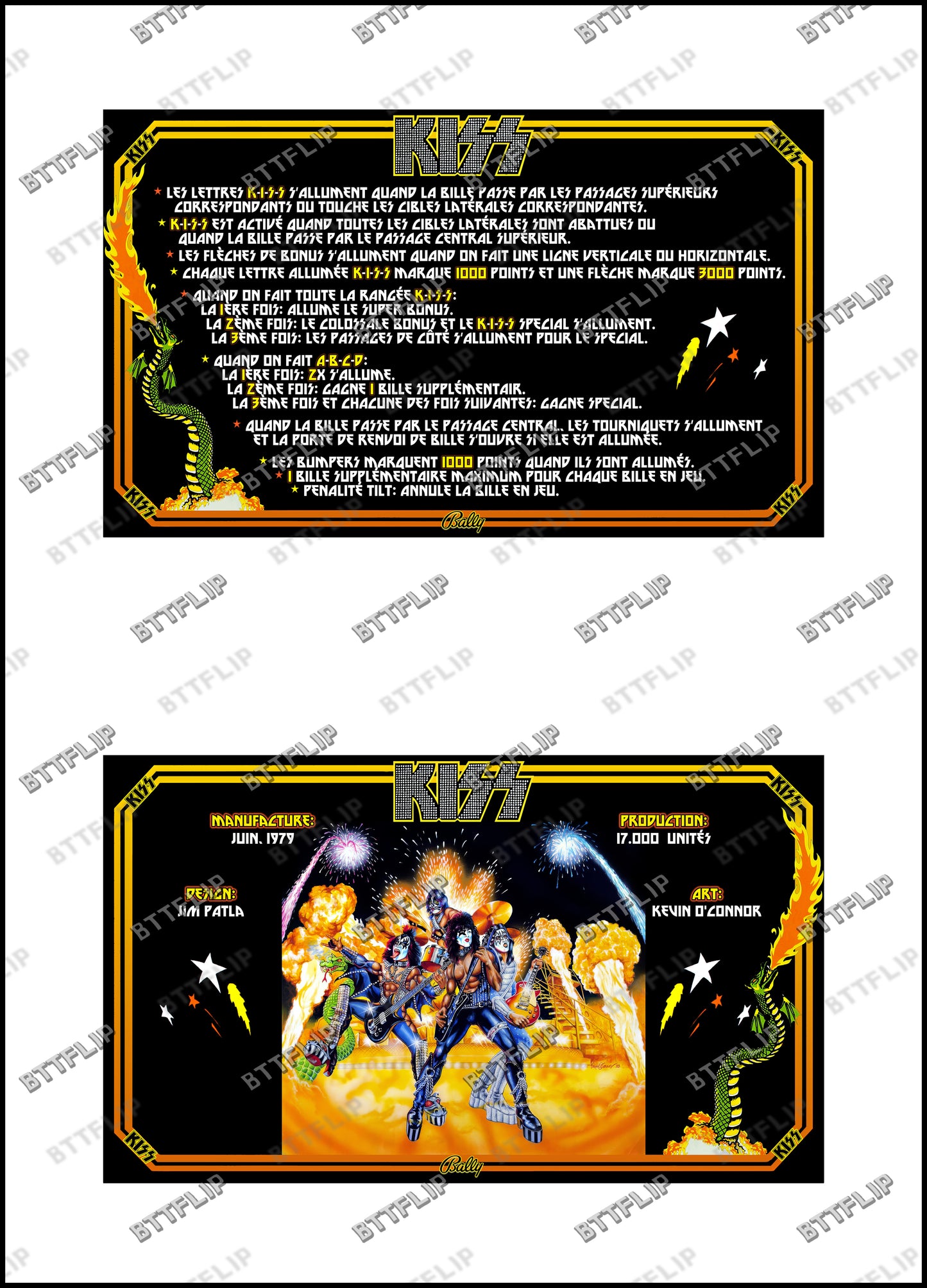 Instrucciones de las tarjetas de juego Bally KISS 1979 Delantal personalizado de pinball con reglas impresas