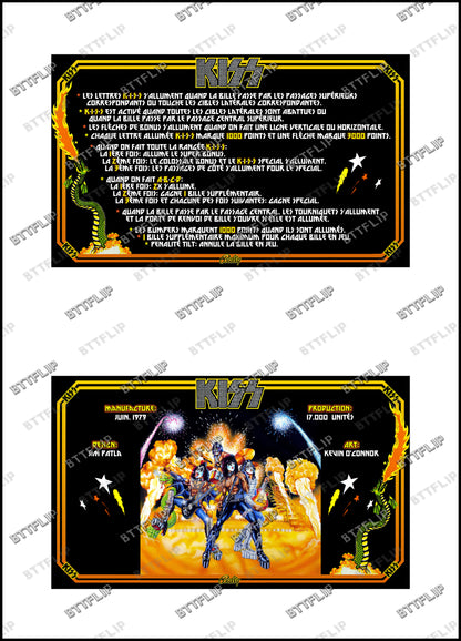 Instrucciones de las tarjetas de juego Bally KISS 1979 Delantal personalizado de pinball con reglas impresas