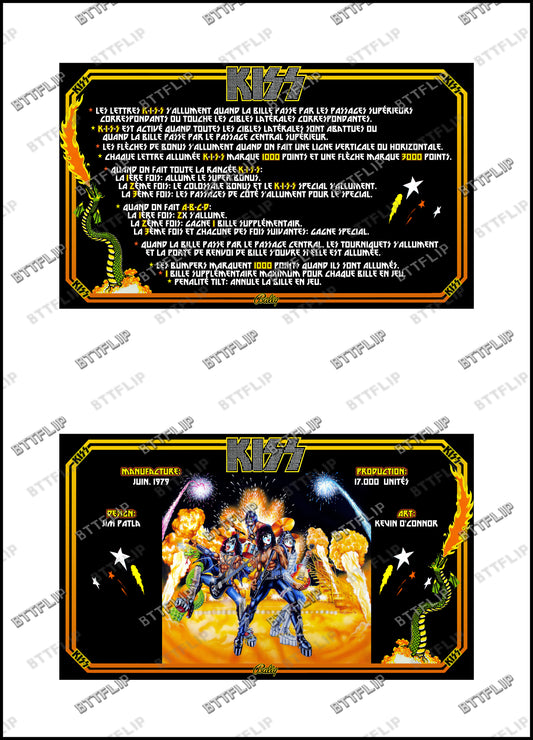 Bally KISS 1979 Jeu Cartes Instructions Flipper Custom Apron règles imprimées