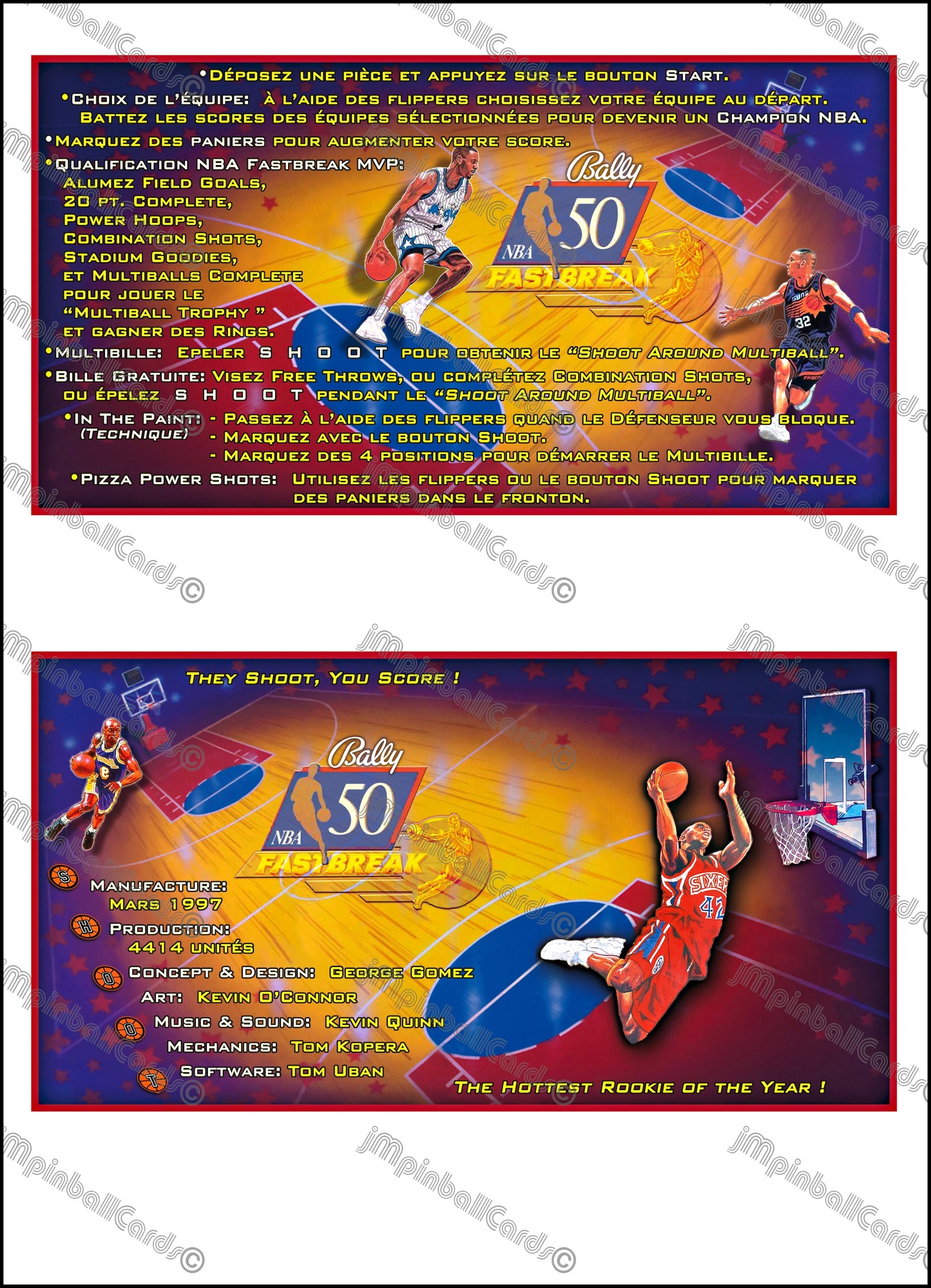 Bally NBA FASTBREAK 1997 Jeu Cartes Instructions Flipper Custom Apron règles imprimées V2