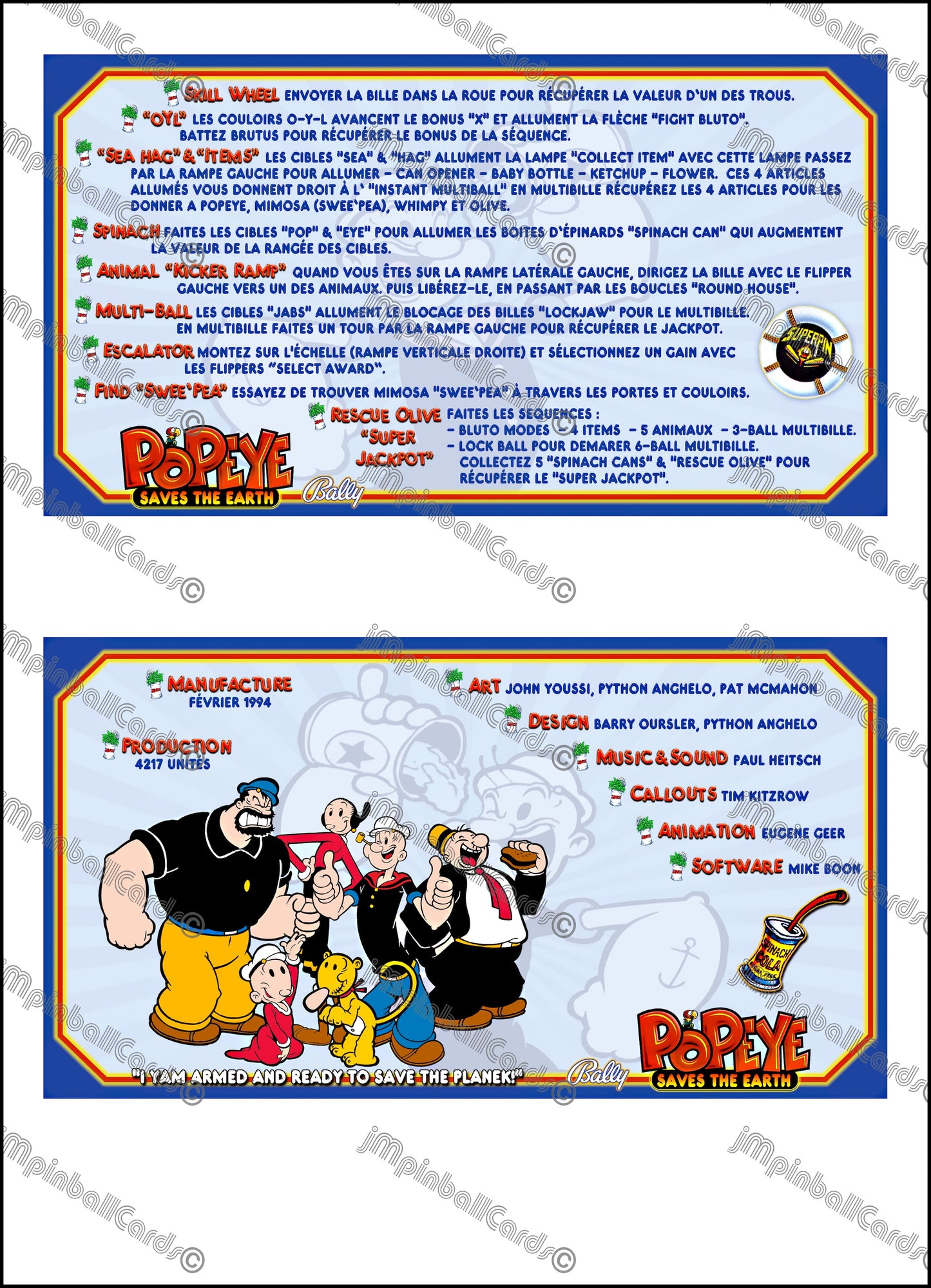 Instrucciones de las tarjetas del juego Bally Popeye 1994, delantal personalizado de pinball, reglas impresas