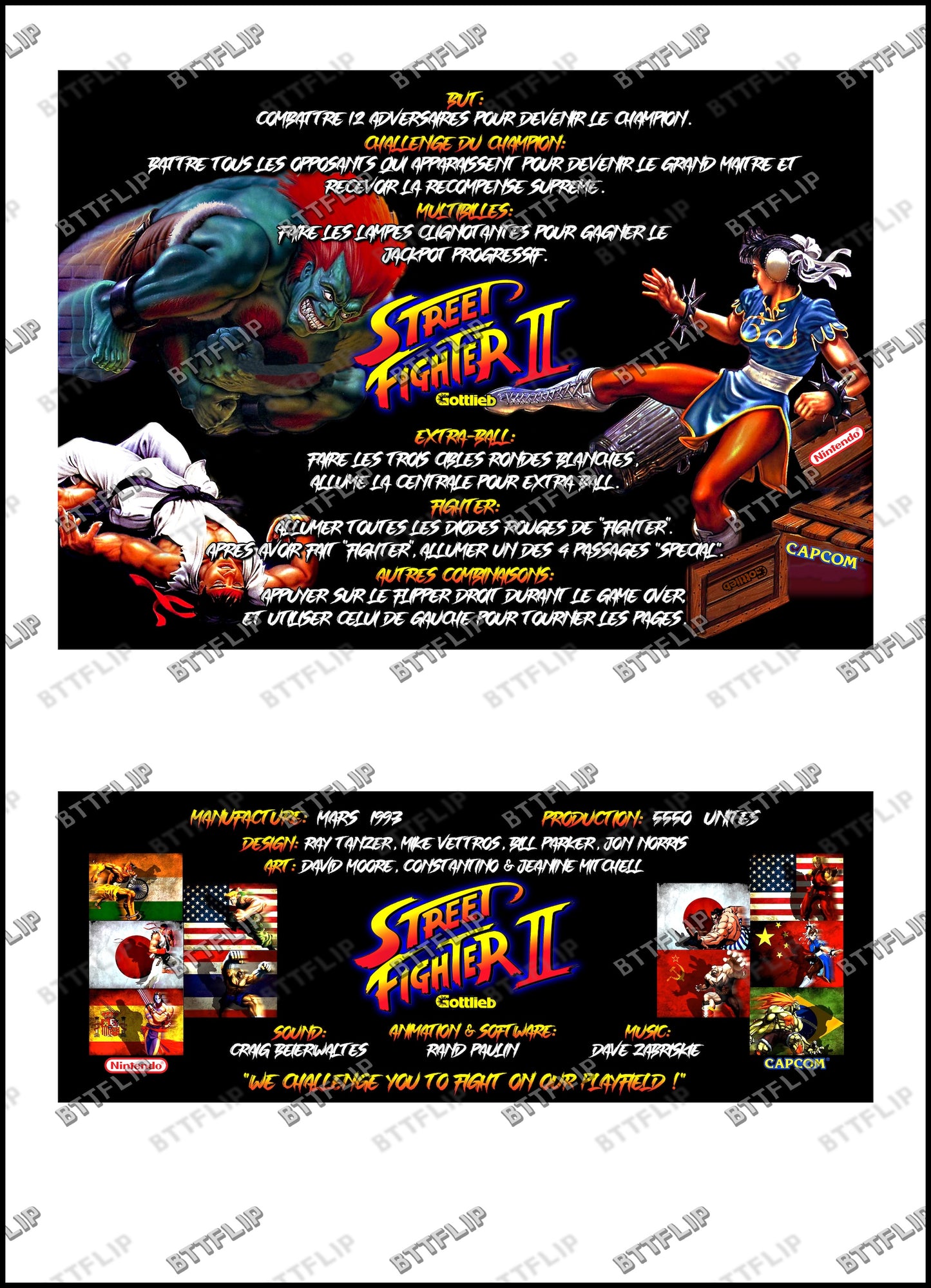 Gottlieb Street Fighter 1993 Versión Negra - Instrucciones de Tarjetas de Juego Pinball - Tarjetas de Pinball con Impresión Personalizada