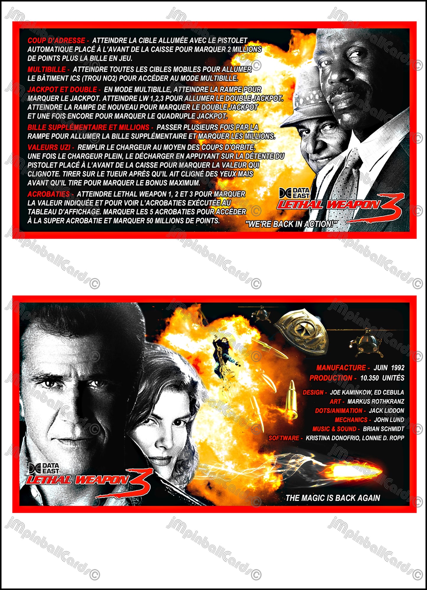Data East Lethal Weapon 1992 Jeu Cartes Instructions Flipper Custom Apron règles imprimées V2