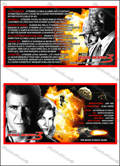 Data East Lethal Weapon 1992 Game Cards Instructions Pinball Custom Apron Printed Rules V2