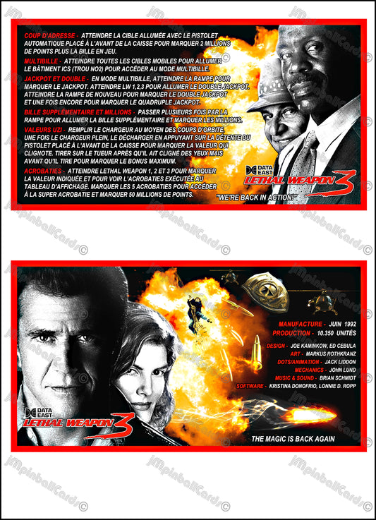 Data East Lethal Weapon 1992 Jeu Cartes Instructions Flipper Custom Apron règles imprimées V2