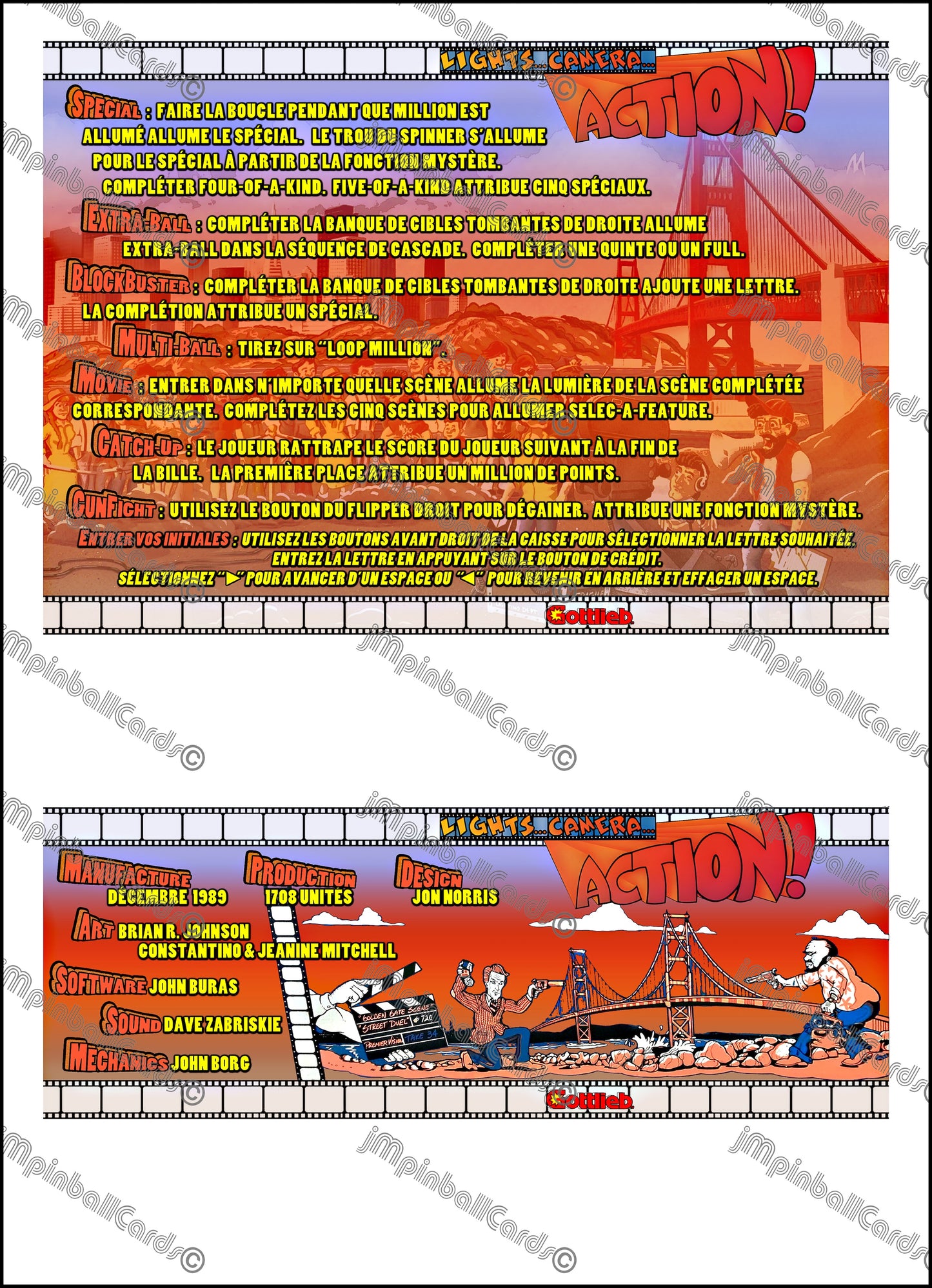 Gottlieb Light Camera Action 1989 Jeu Cartes Instructions Flipper Custom Apron règles imprimées V2