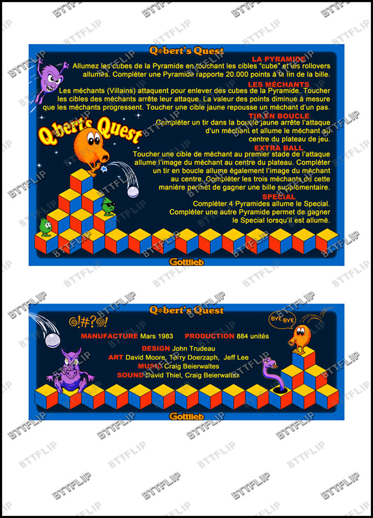 Gottlieb Q * Bert's Quest 1983 Juego de cartas Instrucciones Pinball Delantal personalizado Reglas impresas