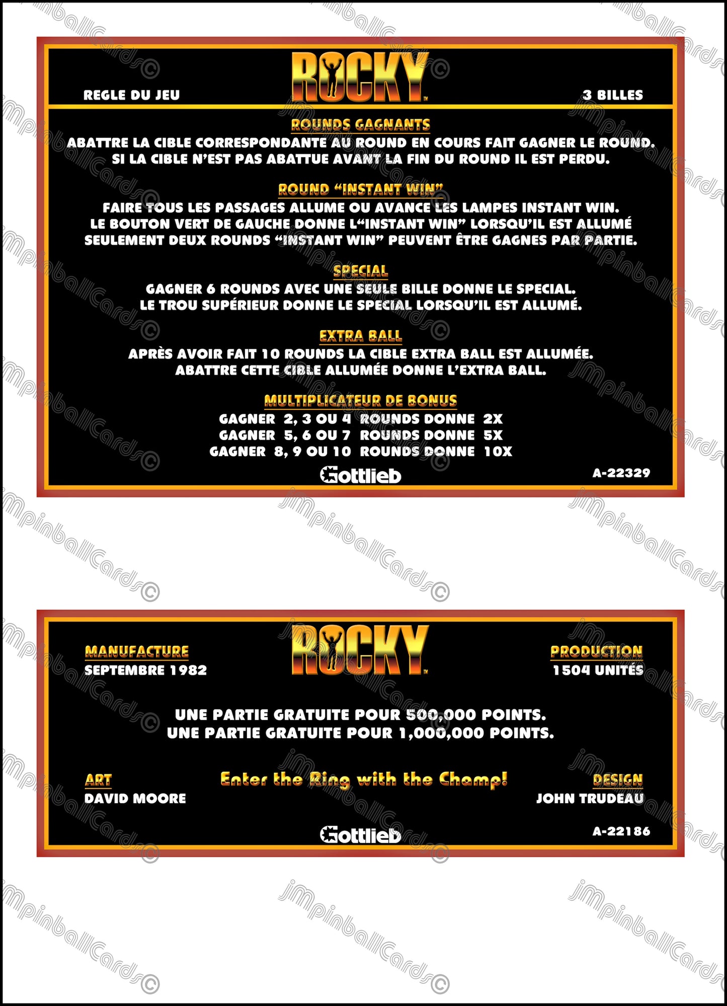 Instrucciones de las tarjetas del juego Gottlieb Rocky 1982 Pinball V2 Tarjetas de delantal de pinball impresas personalizadas