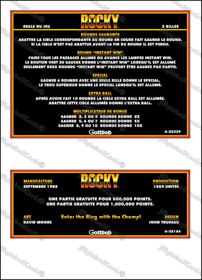 Gottlieb Rocky 1982 Game Cards Instructions Pinball Custom Apron Printed Rules V2