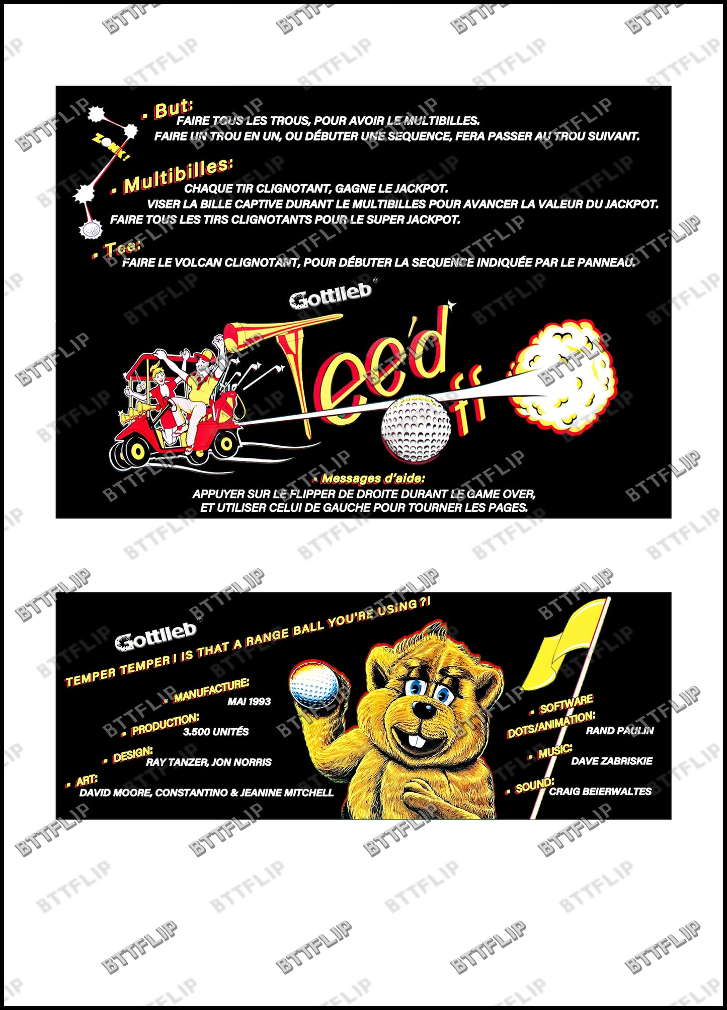 Gottlieb TEE'D OFF 1993 Game Cards Instructions Pinball Custom Apron printed rules