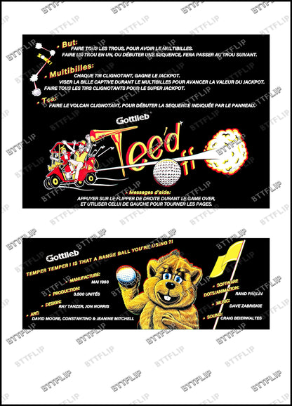 Gottlieb TEE'D OFF 1993 Game Cards Instructions Pinball Custom Apron printed rules