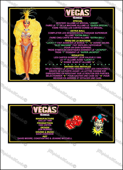 Instrucciones de las tarjetas de juego Gottlieb VEGAS 1990, delantal personalizado de pinball, reglas impresas V2