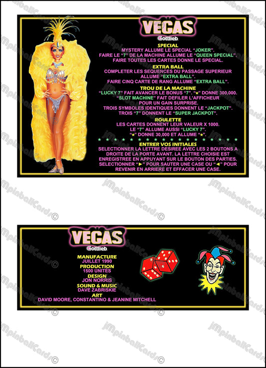 Gottlieb VEGAS 1990 Jeu Cartes Instructions Flipper Custom Apron règles imprimées V2