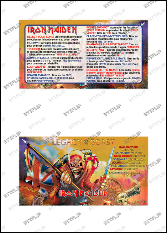 Instrucciones de las tarjetas de juego Stern Iron Maiden 2018 PRO, delantal personalizado de pinball, reglas impresas V1/V2