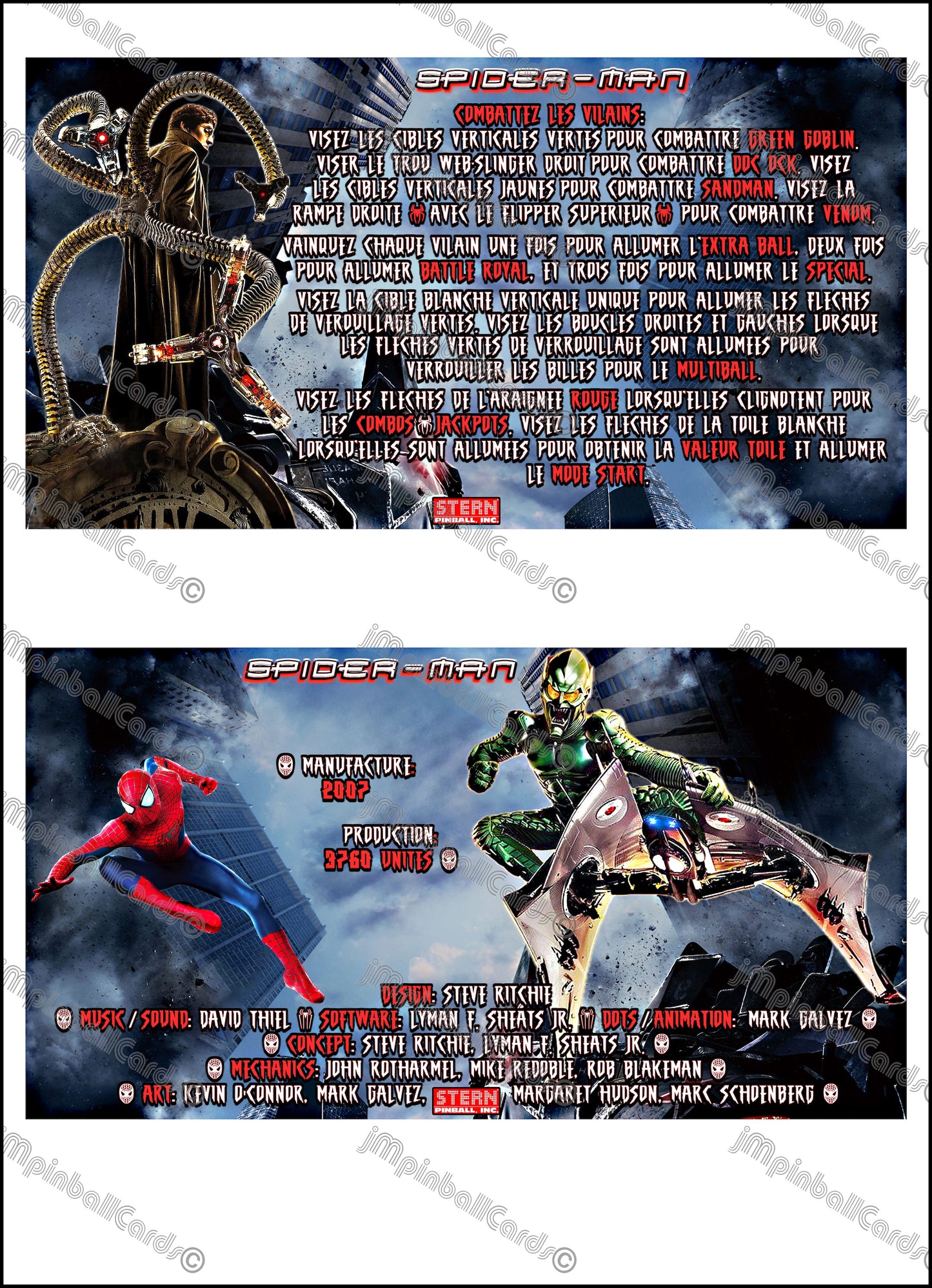 Stern Spider-Man 2007 Jeu Cartes Instructions Flipper Custom Apron règles imprimées V2