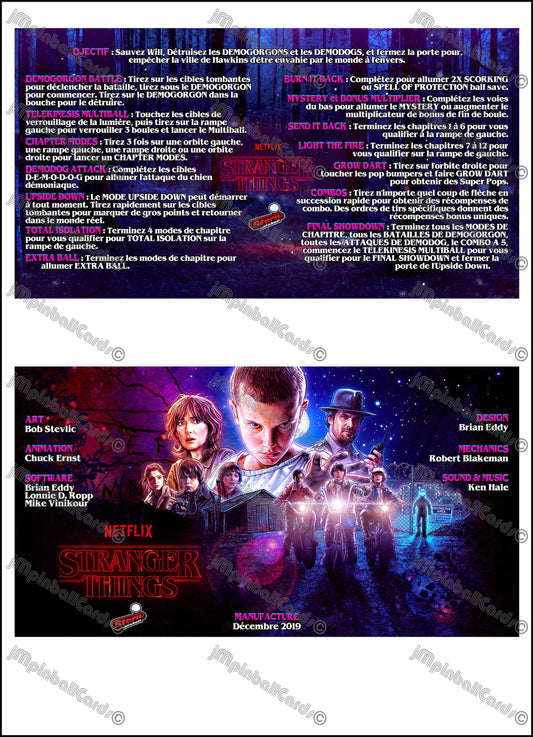 Stern Stranger Things 2019 Jeu Cartes Instructions Flipper Custom Apron règles imprimées V2
