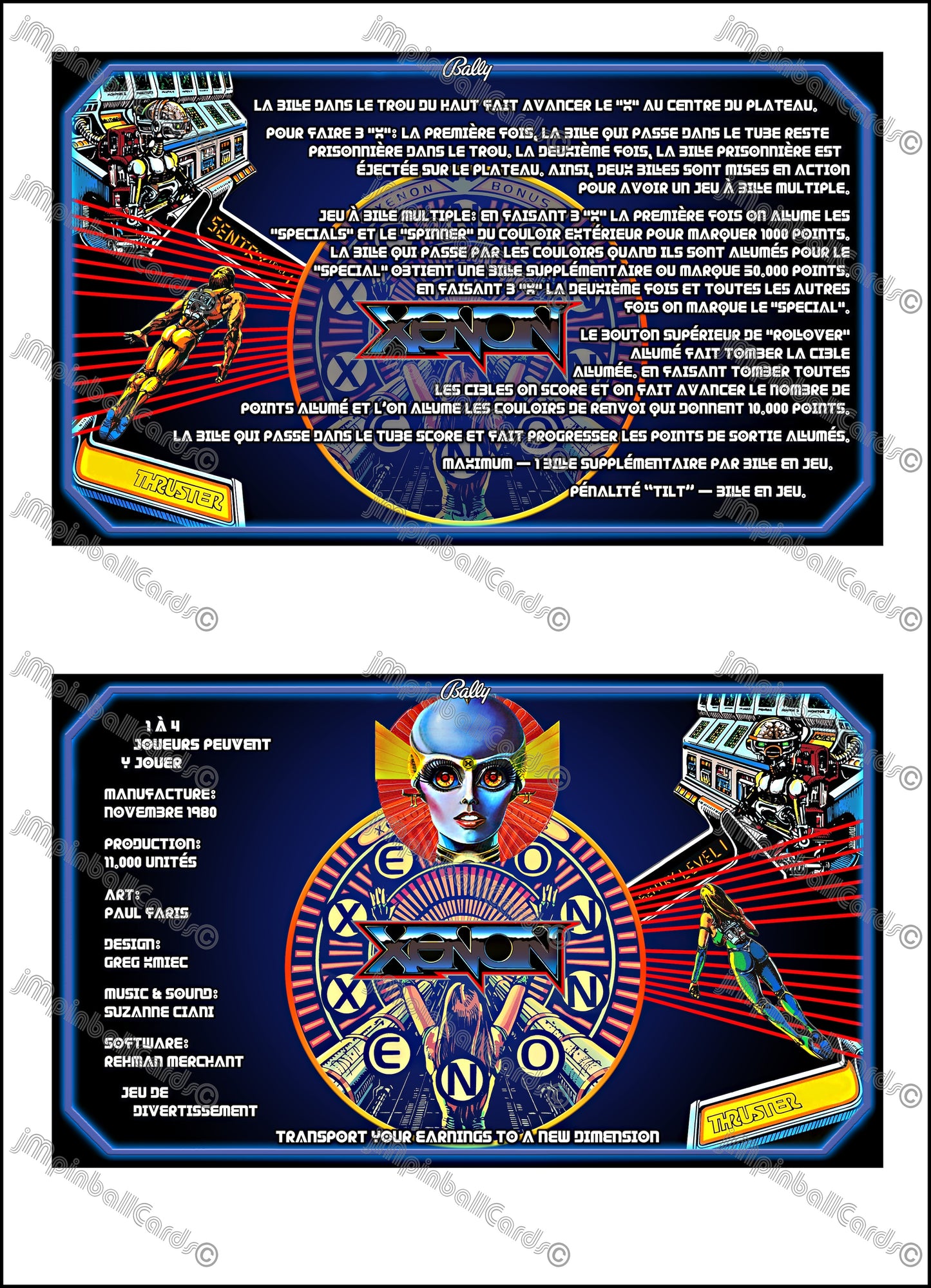 Bally XENON 1980 Jeu Cartes Instructions Flipper Custom Apron règles imprimées V2