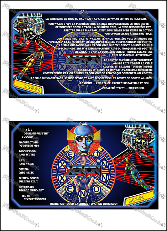 Bally XENON 1980 Jeu Cartes Instructions Flipper Custom Apron règles imprimées V2