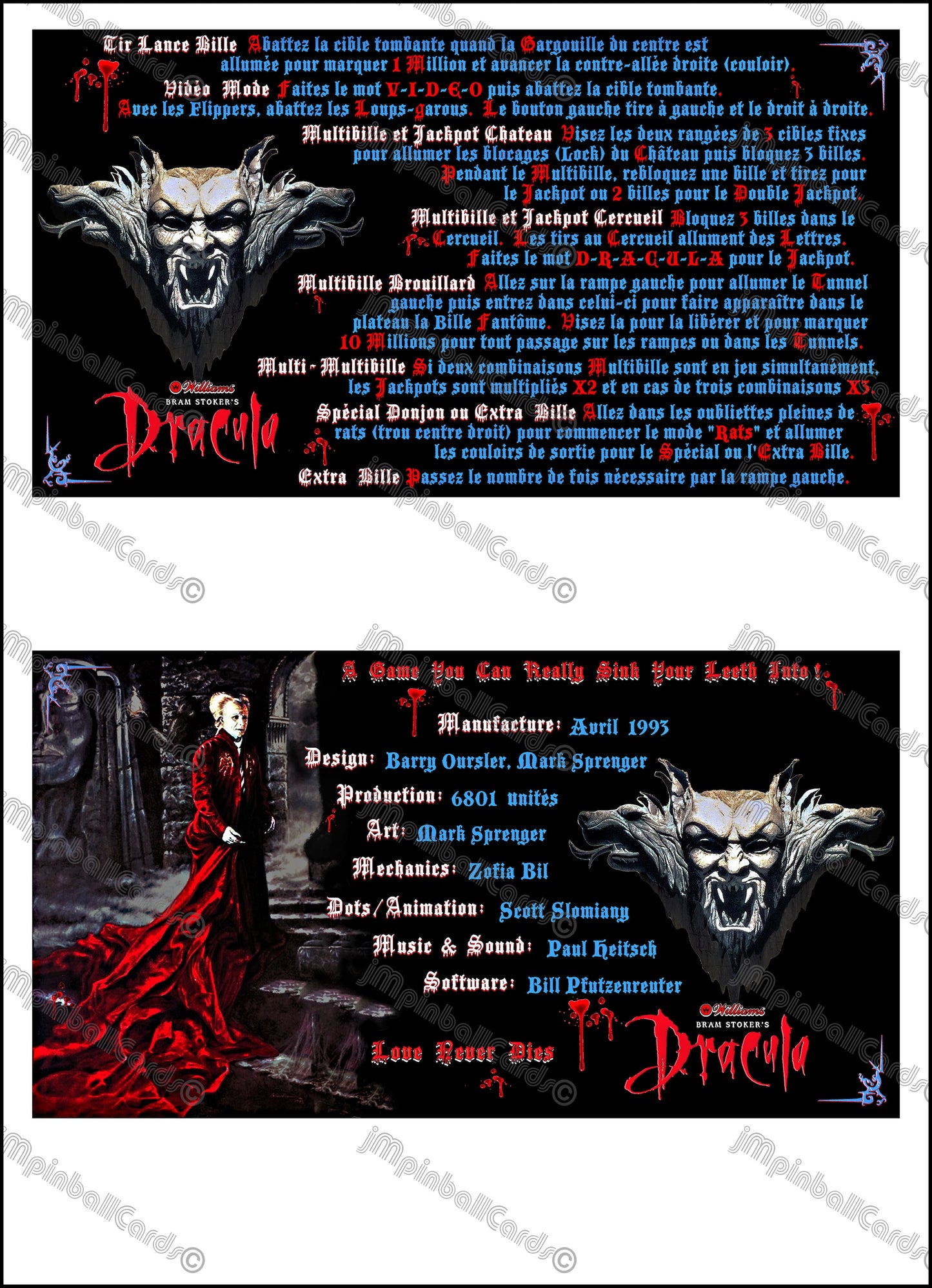 Williams Bram Stokers Dracula 1993 Game Cards Instructions Flipper Custom Apron Printed Rules V2