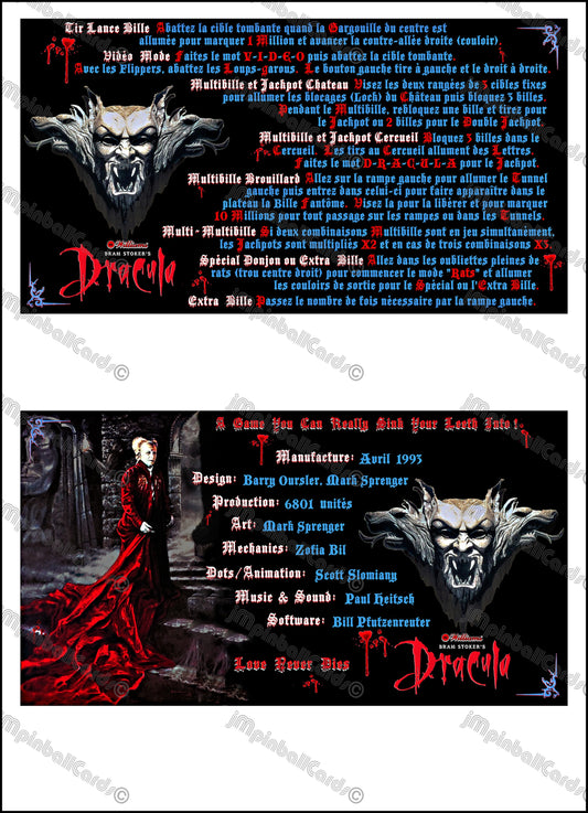 Instrucciones de las tarjetas del juego Drácula de Bram Stoker de Williams (1993) y reglas impresas del delantal personalizado de pinball (versión 2)