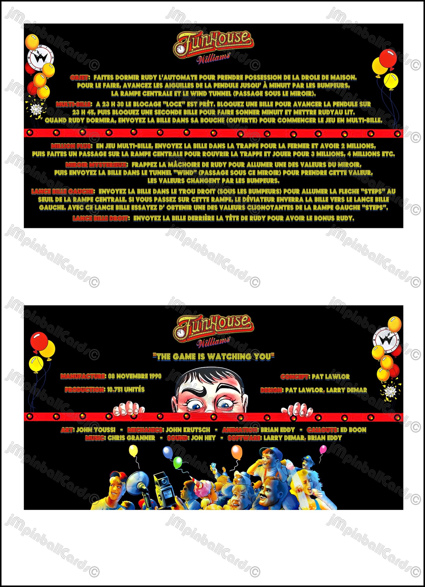 Williams Funhouse 1990 Game Cards Instructions Pinball Custom Apron Printed Rules V2