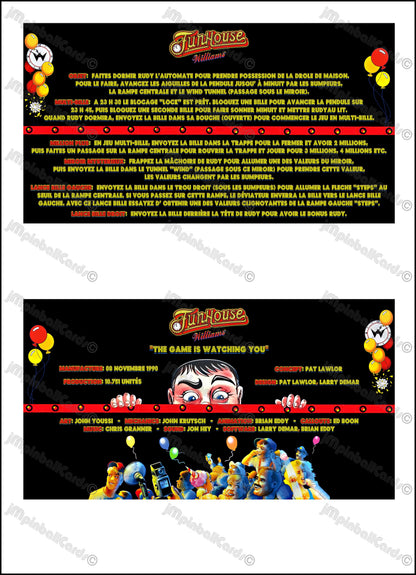 Instrucciones de las tarjetas del juego Williams Funhouse 1990, delantal personalizado de pinball, reglas impresas V2