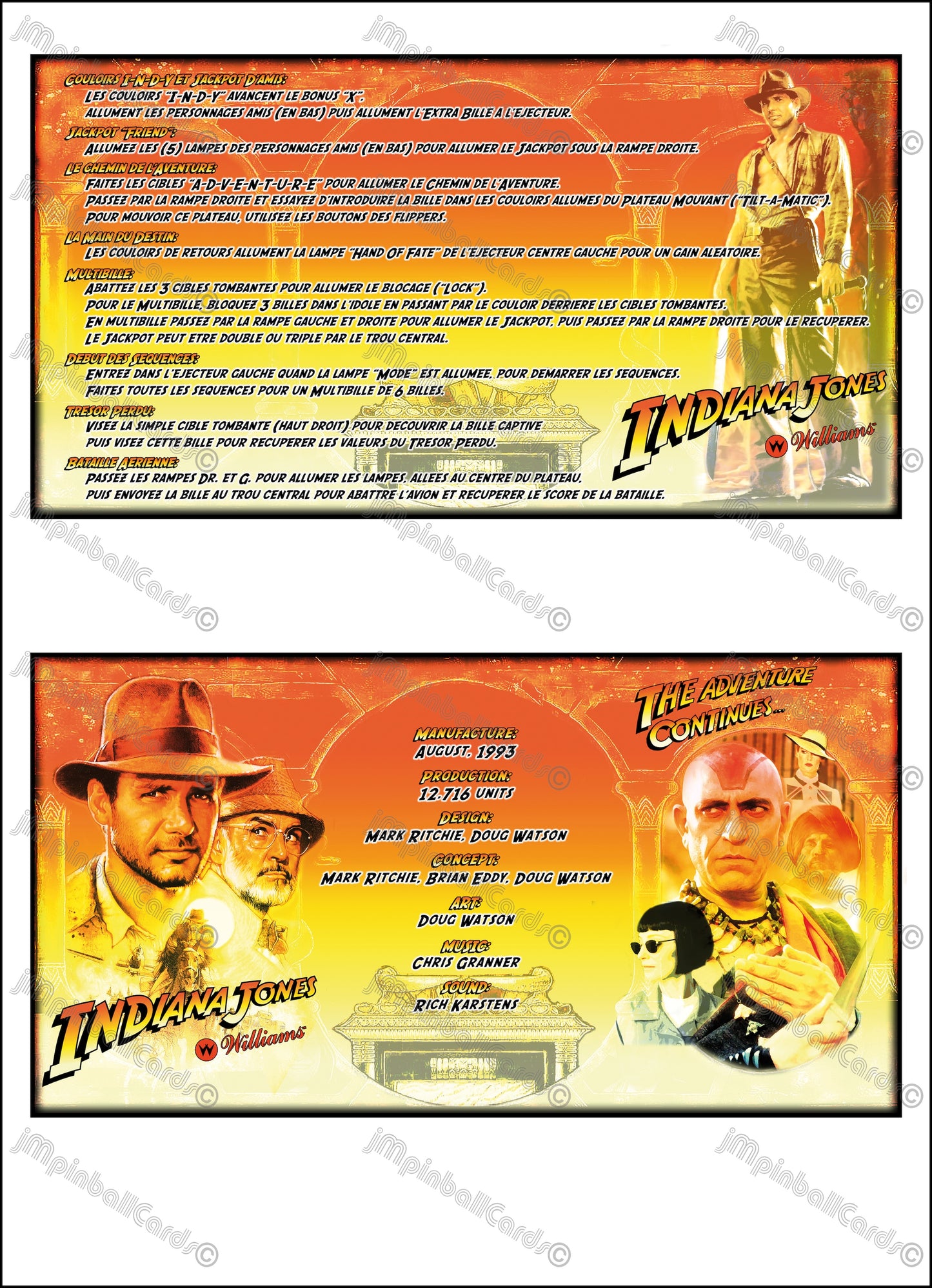 Williams Indiana Jones 1993 Jeu Cartes Instructions Flipper Custom Apron règles imprimées V2