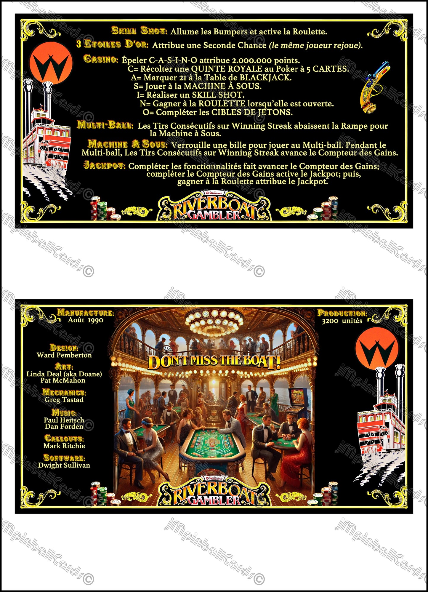 Instrucciones de las tarjetas del juego Williams Riverboat Gambler de 1990, máquina de pinball, delantal personalizado, reglas impresas (versión 2)