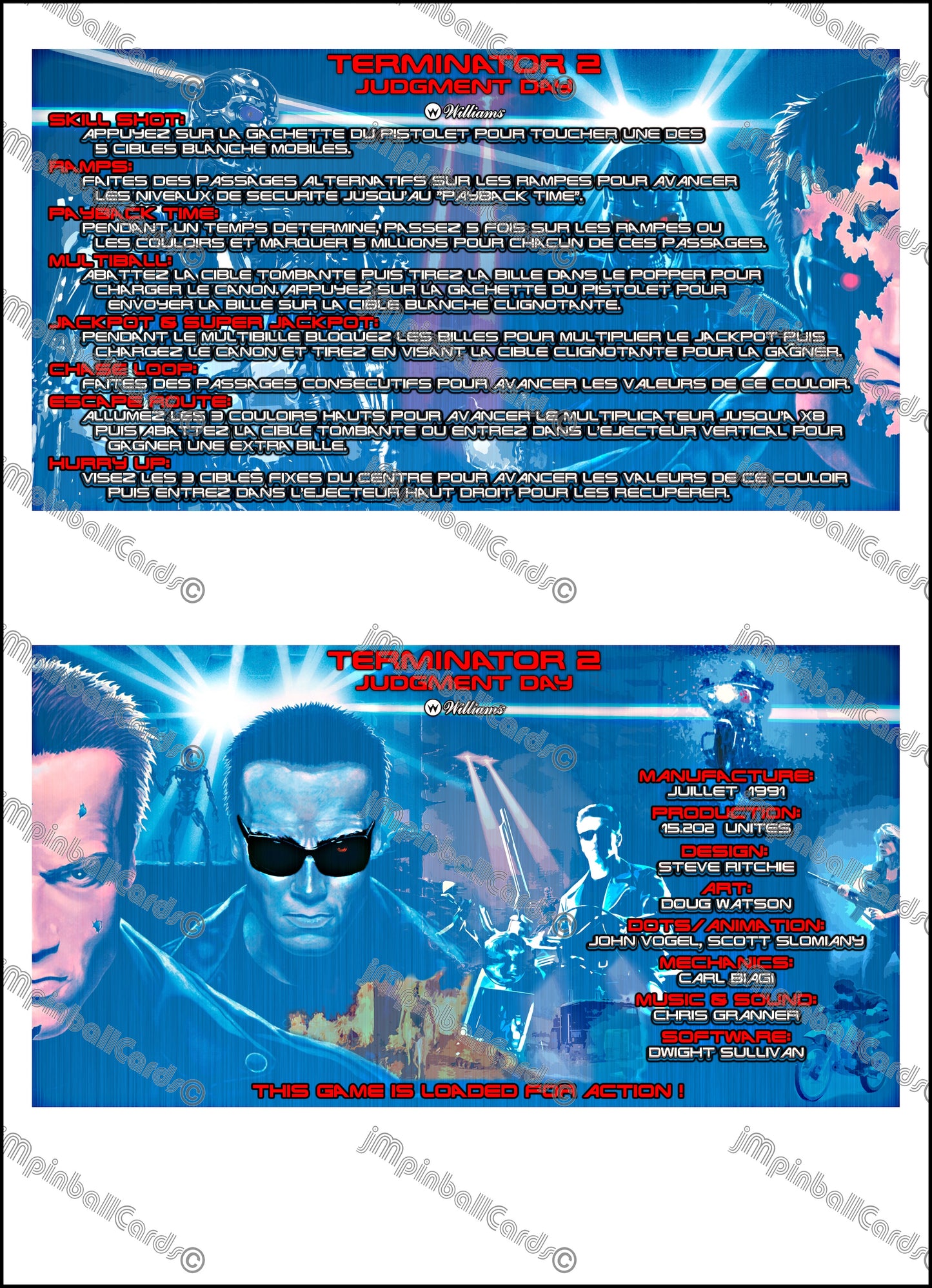 Williams T2 Terminator 2 1991 Jeu Cartes Instructions Flipper Custom Apron règles imprimées V2