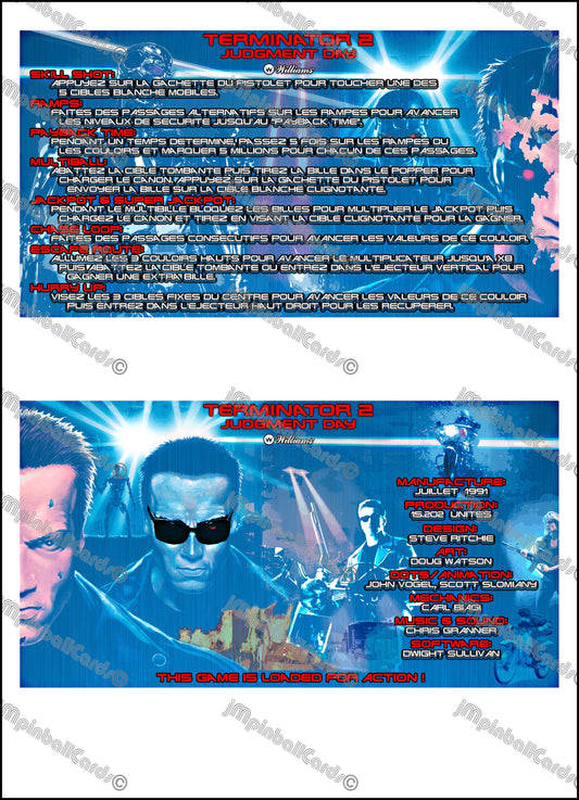 Williams T2 Terminator 2 1991 Jeu Cartes Instructions Flipper Custom Apron règles imprimées V2