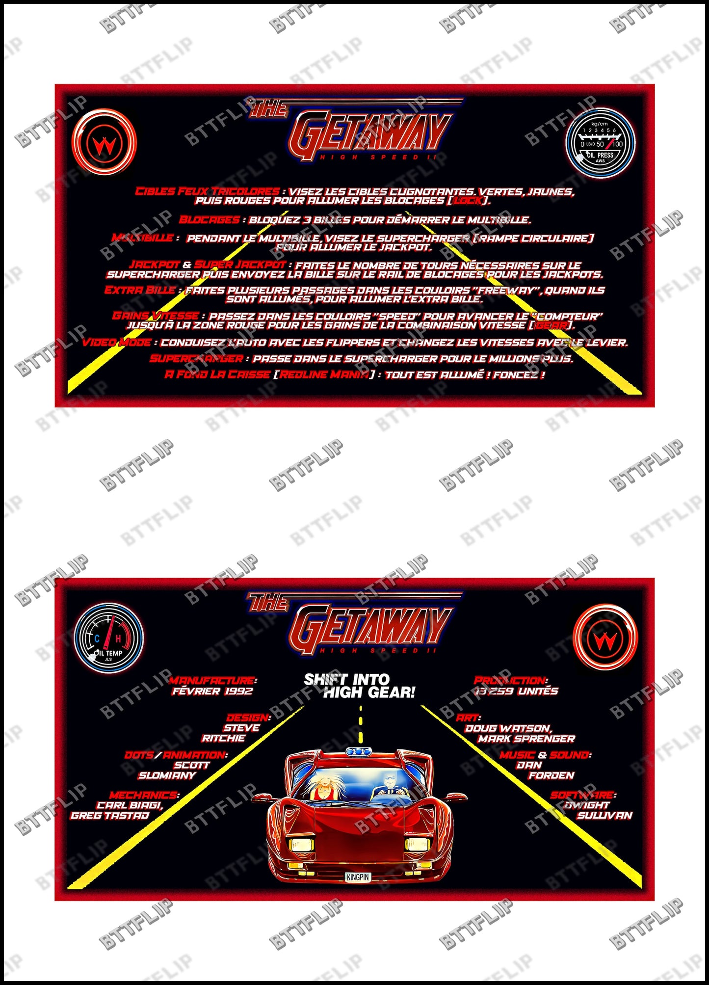 Williams The Getaway 1992 Jeu Cartes Instructions Flipper Custom Apron règles imprimées V2