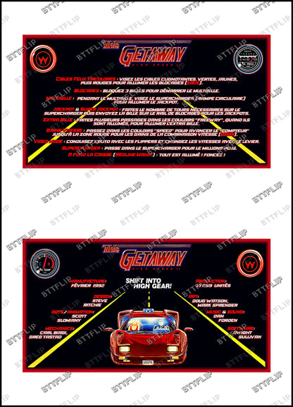 Williams The Getaway 1992 Game Cards Instructions Pinball Custom Apron Printed Rules V2