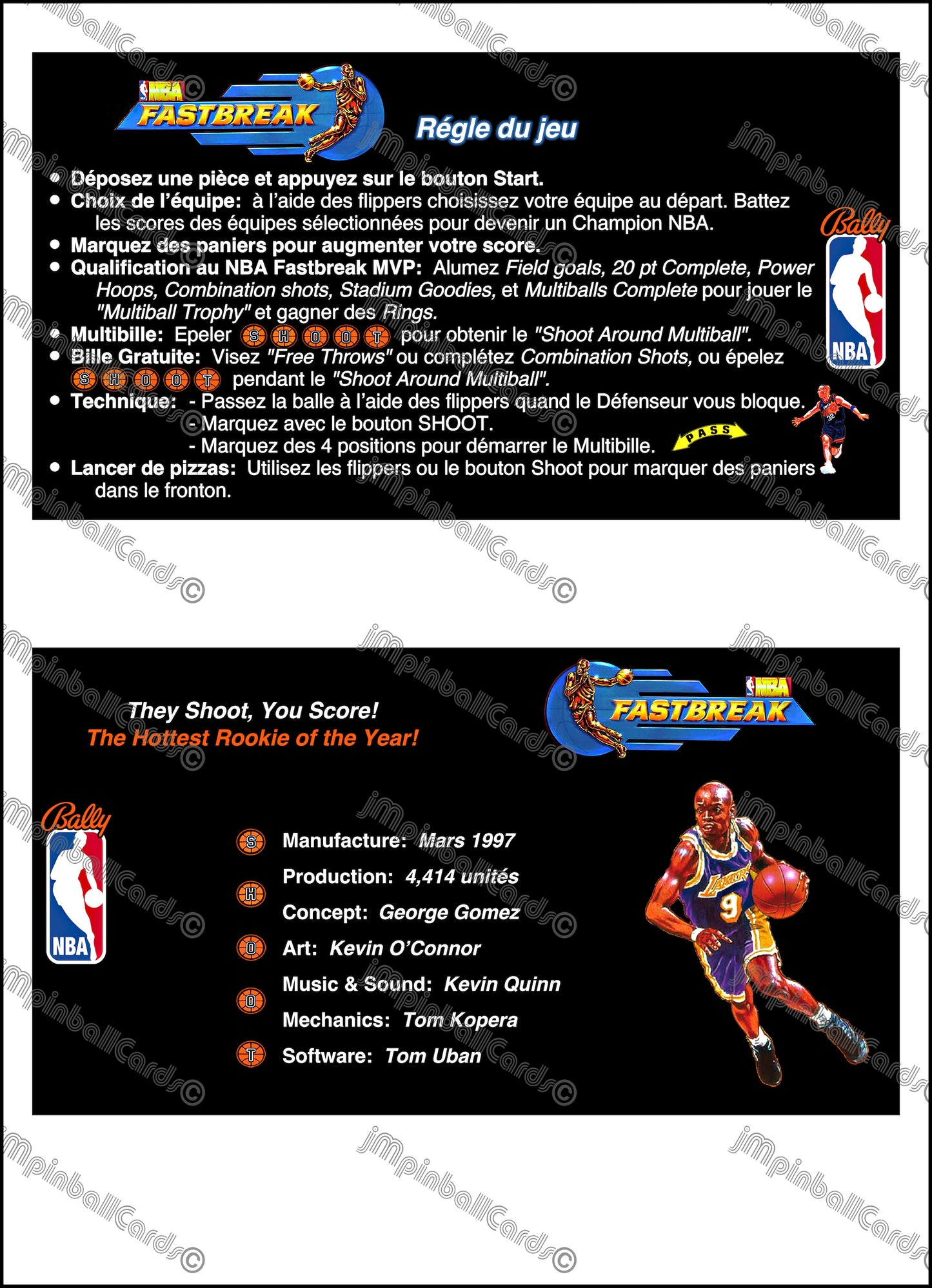 Bally NBA FASTBREAK 1997 Jeu Cartes Instructions Flipper Custom Apron règles imprimées V3